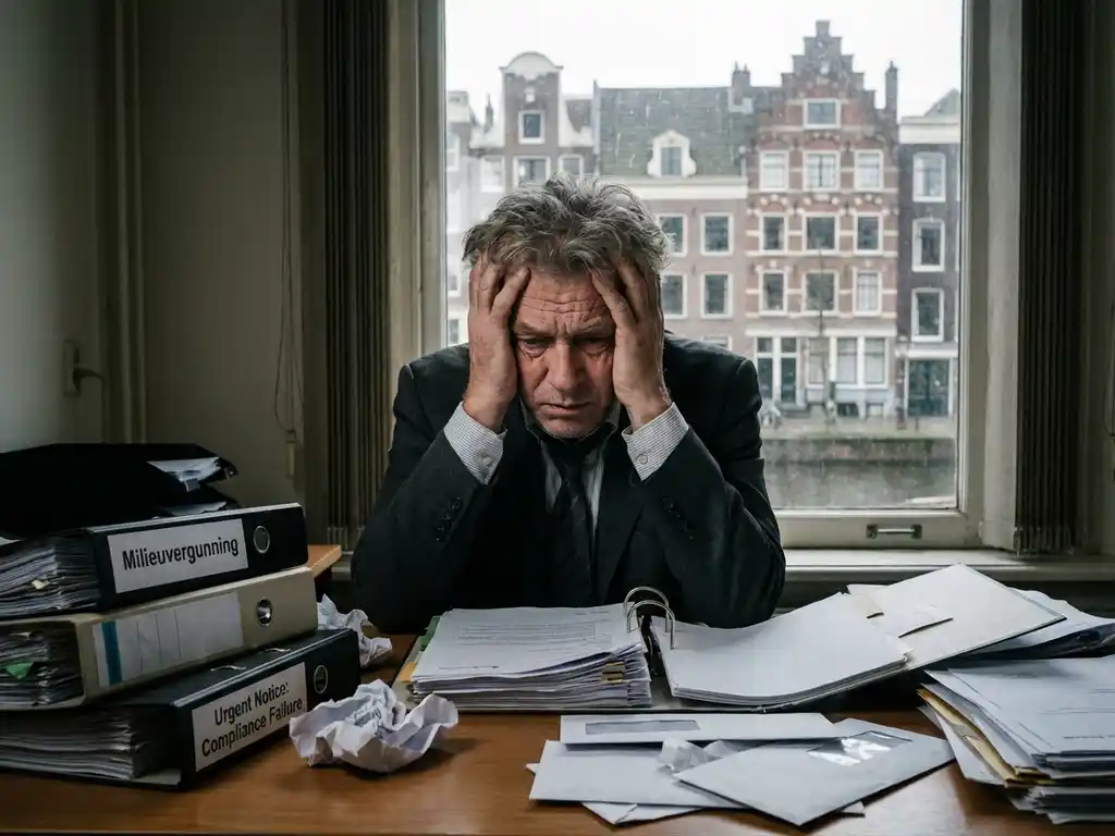 Bezorgde Nederlandse zakenman houdt hoofd vast aan rommelig bureau vol milieudocumenten, Amsterdam architectuur op achtergrond