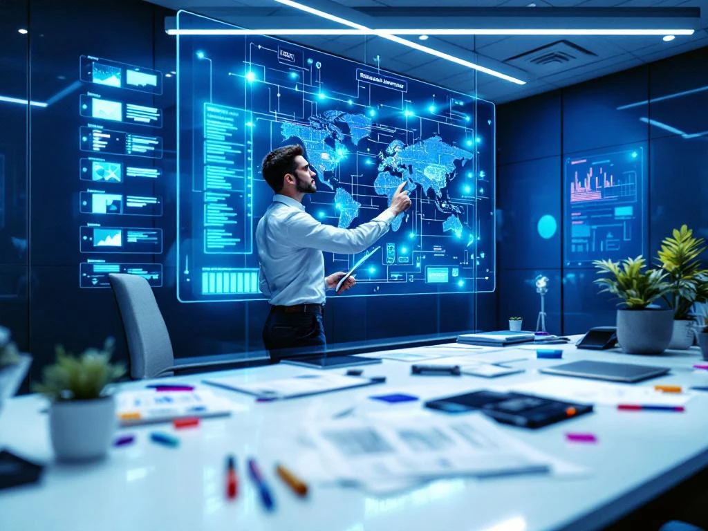 Ingenieur wijst naar kritieke punten op verlicht elektriciteitsnetwerk dashboard in moderne controlekamer