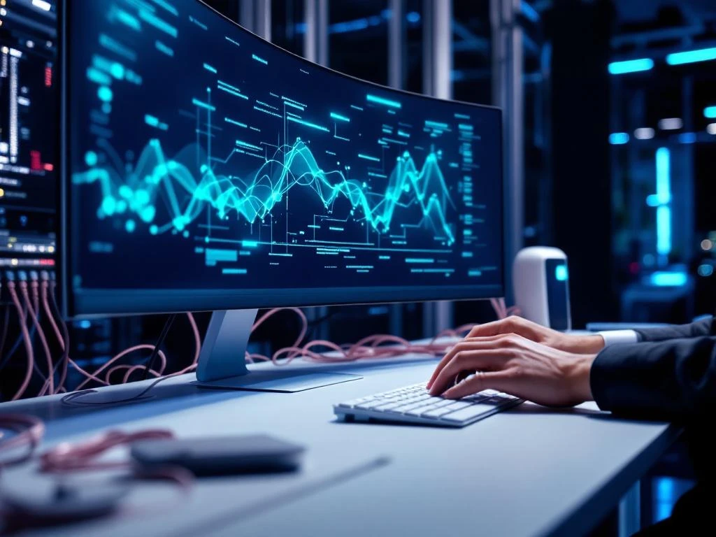 Netwerk engineer typt op toetsenbord terwijl hij datastromen op groot gebogen scherm in controlecentrum monitort