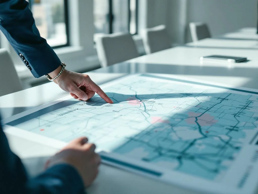 Overheidsambtenaar in marineblauw pak wijst naar elektriciteitsknooppunt op elektriciteitsnetkaart op conferentietafel