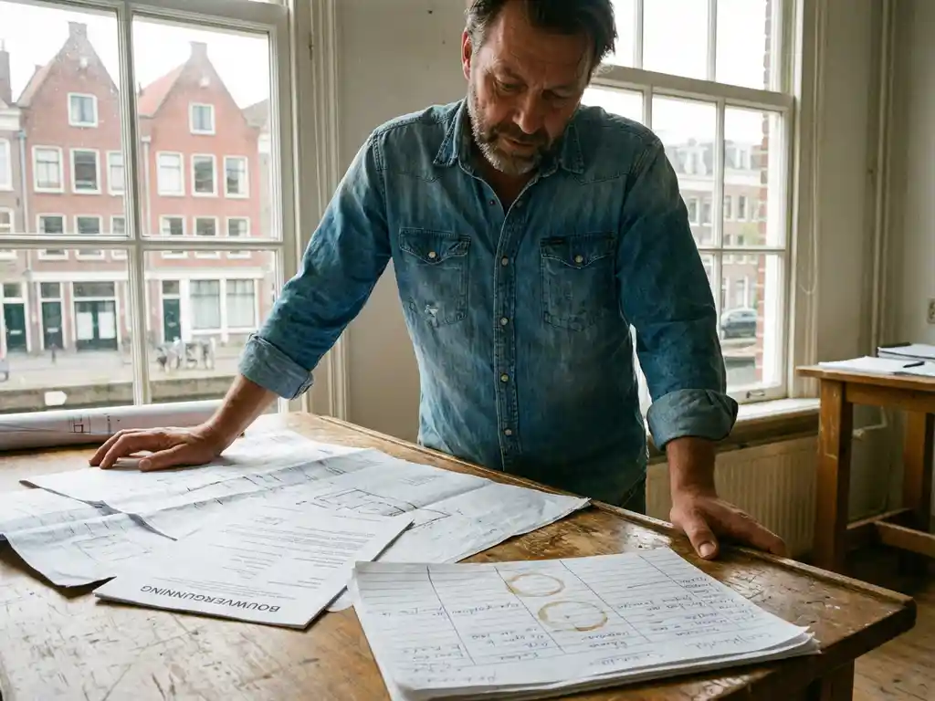 Projectmanager bekijkt bouwdocumenten en vergunningen op houten bureau in helder Nederlands kantoor met bakstenen gebouwen