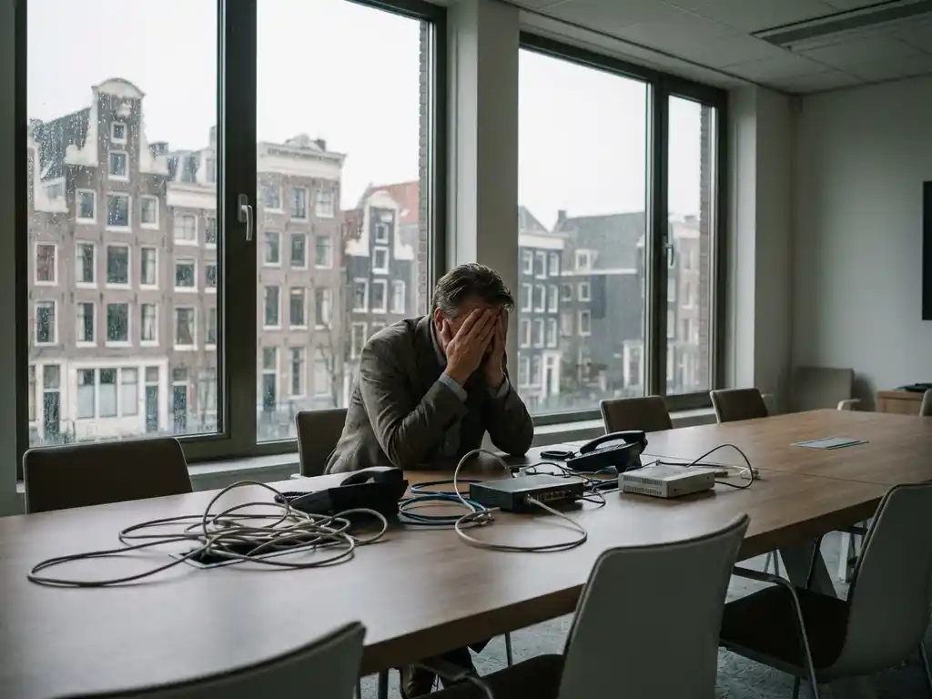 Gefrustreerde projectmanager zit alleen aan vergadertafel met verwarde telecomkabels en lege stoelen in Amsterdam kantoor