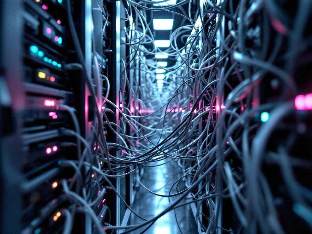 Verwarde ethernet- en glasvezelkabels vormen een knelpunt in moderne serverruimte met gekleurde LED-indicatoren