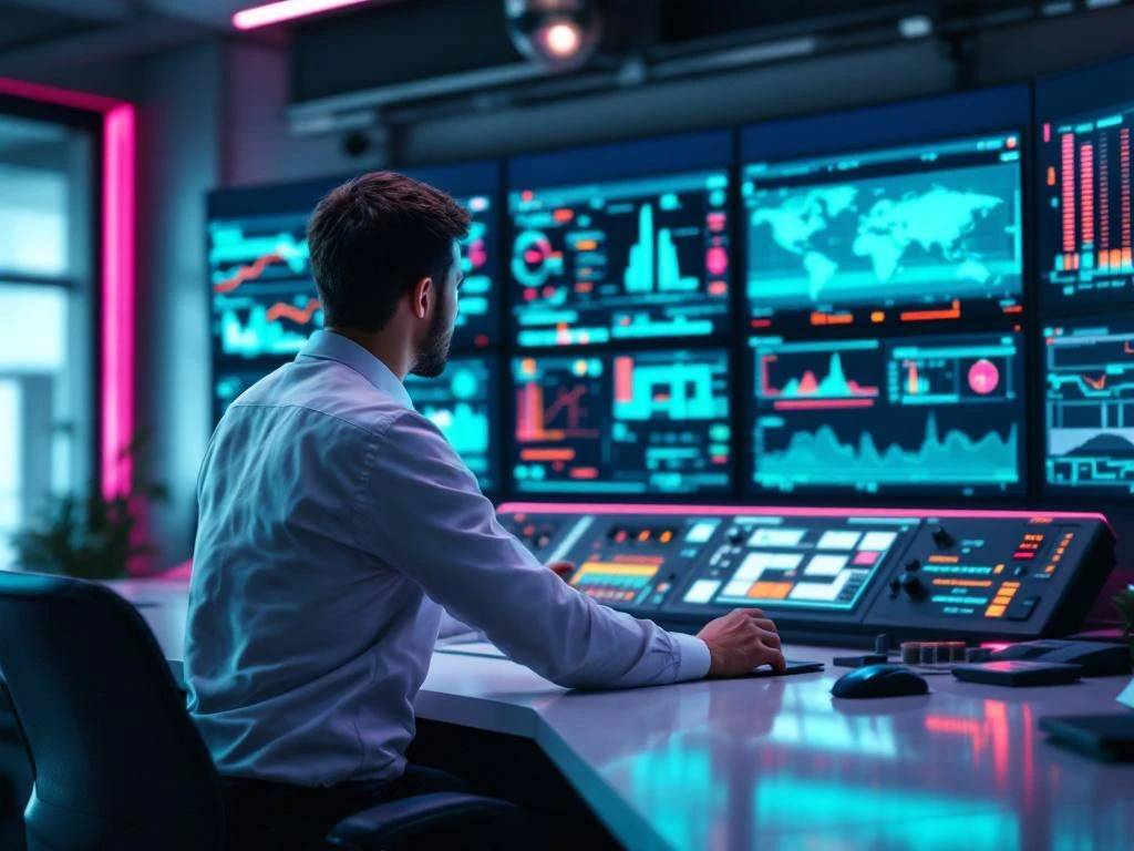 Ingenieur bedient smart grid besturingspaneel in moderne elektriciteitsnetwerk controlekamer met teal en navy displays