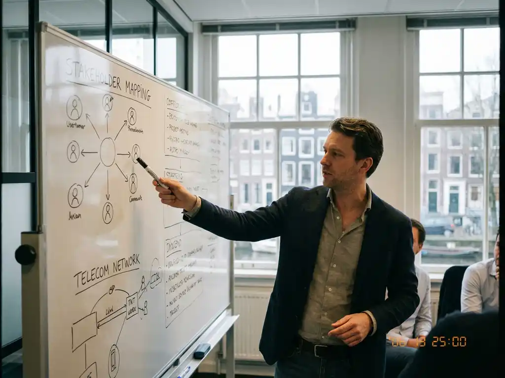 Projectmanager wijst naar stakeholder mapping diagrammen op whiteboard in Nederlandse kantoorvergaderruimte met grachtenhuizen op achtergrond