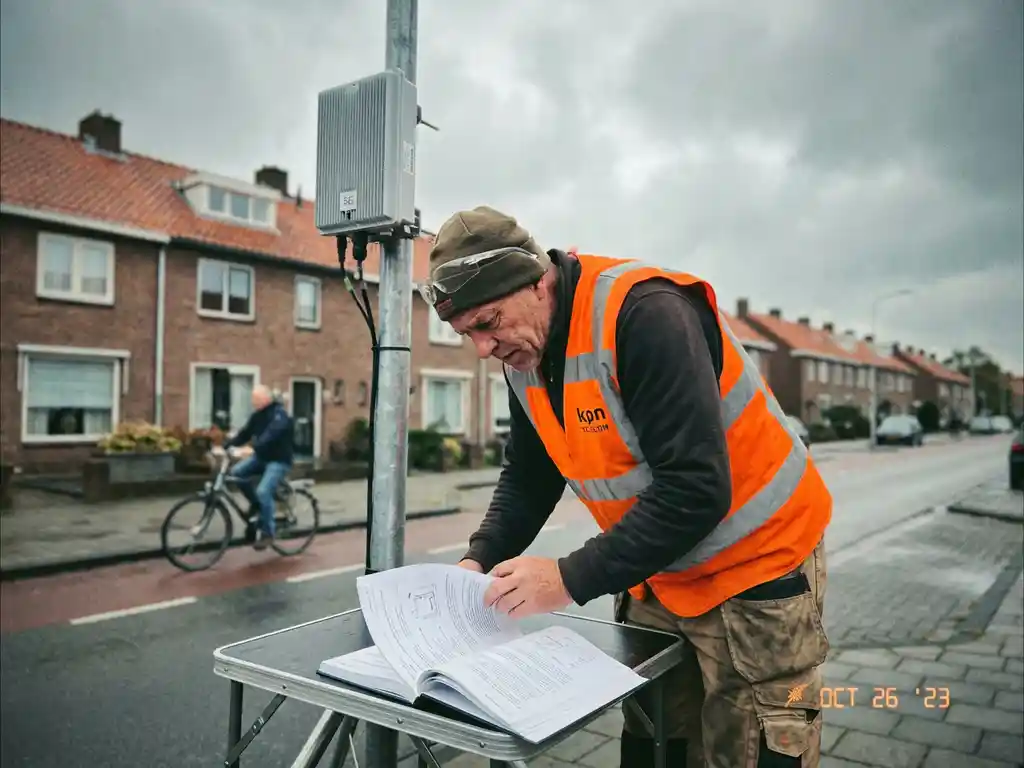 Nederlandse telecom ingenieur in hesje bestudeert 5G installatie handleiding bij antenne in woonwijk met bakstenen huizen