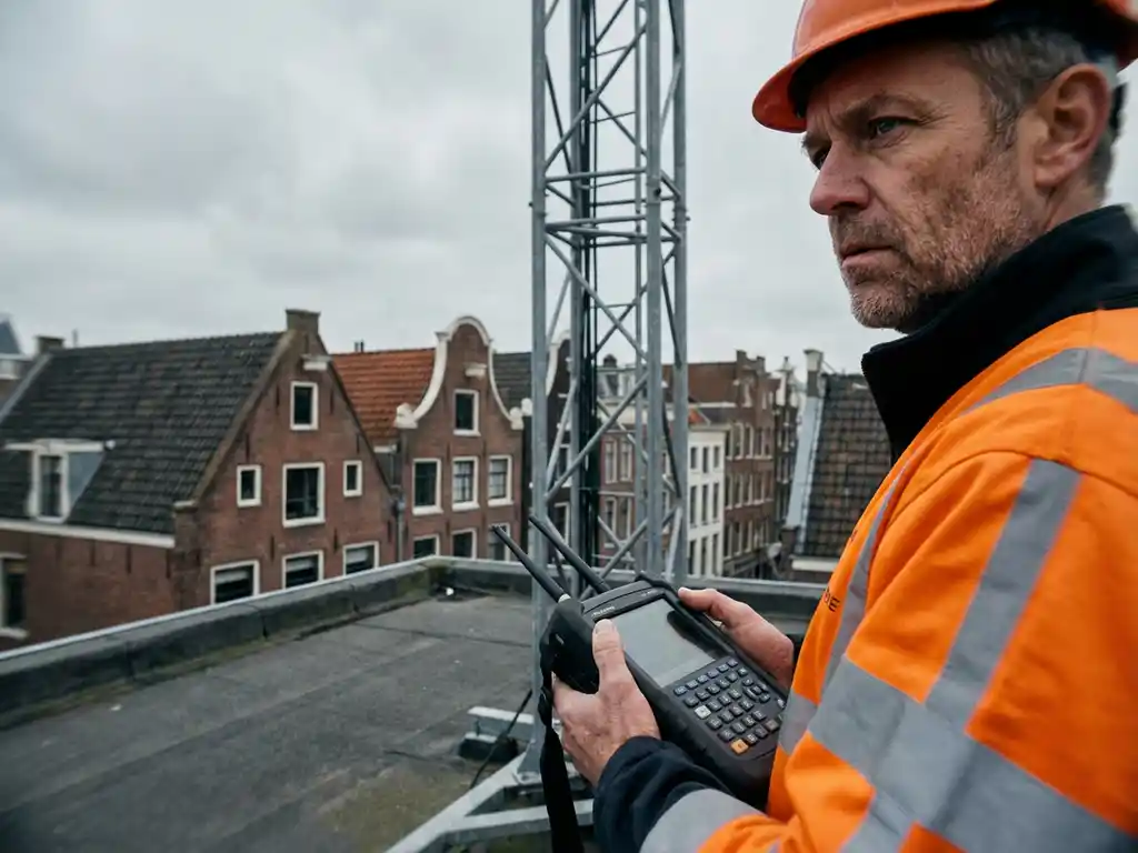 Telecommunicatie-ingenieur in oranje veiligheidsvest onderzoekt zendmast op stedelijk dak met Nederlandse architectuur op achtergrond