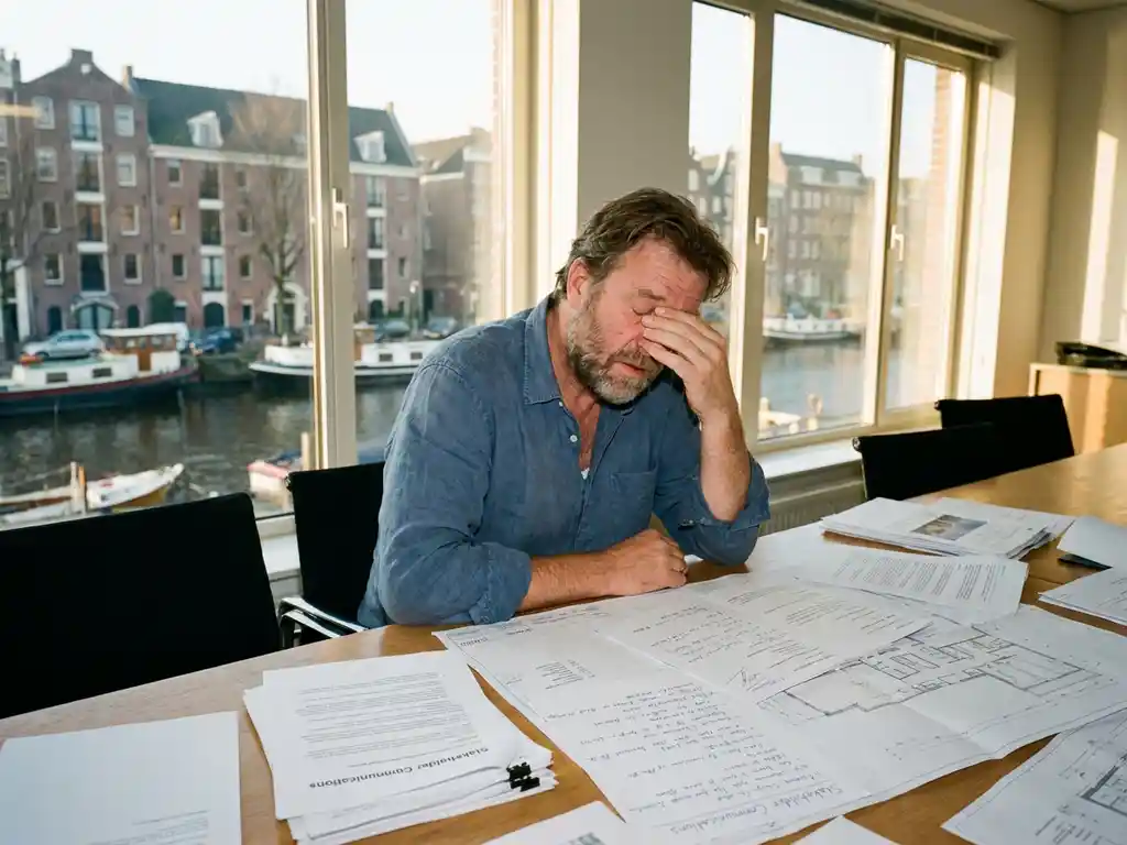 Gefrustreerde Nederlandse telecommunicatie-ingenieur bekijkt documenten aan bureau in Amsterdam kantoor met grachtzicht