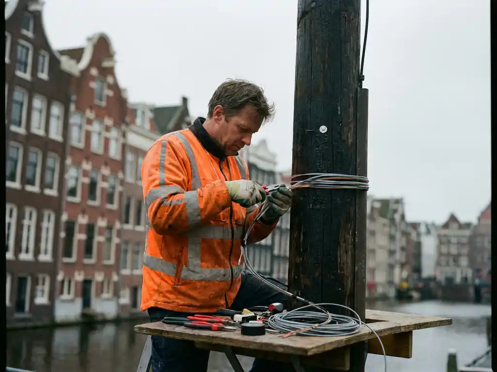 Telecomtechnicus installeert glasvezelkabels op utiliteitspaal met Amsterdamse grachtenpanden op achtergrond