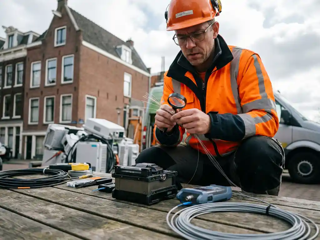 Nederlandse telecom ingenieur in oranje veiligheidsvest onderzoekt glasvezelkabels bij Amsterdamse grachtenpand