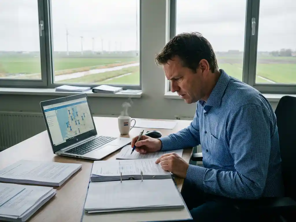 Nederlandse telecom ingenieur bekijkt milieudocumenten op laptop aan bureau met koffie en uitzicht op windmolens