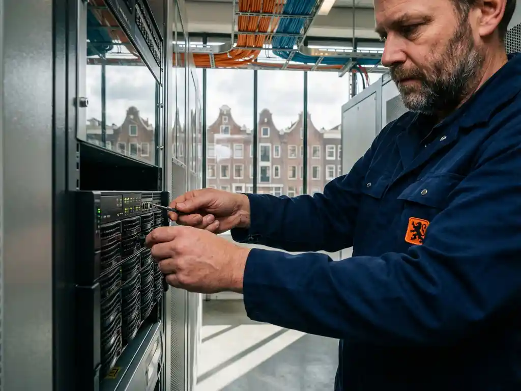 Nederlandse telecommunicatie-ingenieur past netwerkapparatuur aan in moderne serverruimte met glasvezelkabels