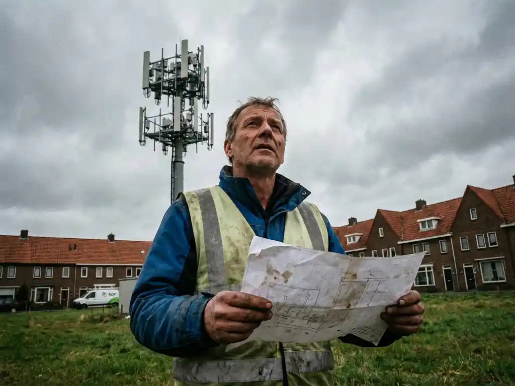 Telecommunicatie-ingenieur in veiligheidsvest onderzoekt zendmastantenne met documenten, Nederlandse huizen op achtergrond