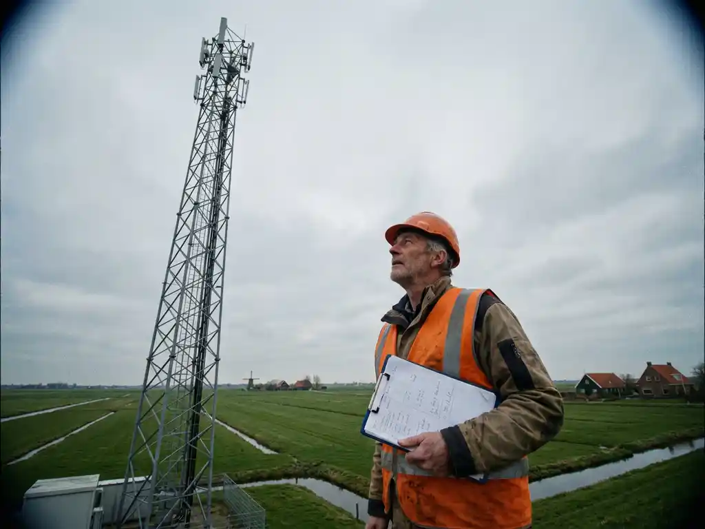 Telecommunicatie-ingenieur in oranje veiligheidsvest inspecteert zendmast in Nederlands polderlandschap met boerderij