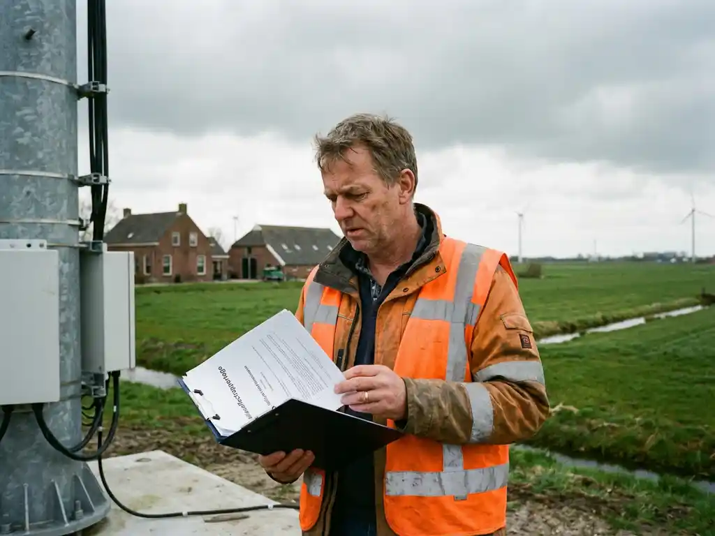 Nederlandse telecom ingenieur in veiligheidsvest bestudeert documenten bij zendmast in polderland met bakstenen gebouwen