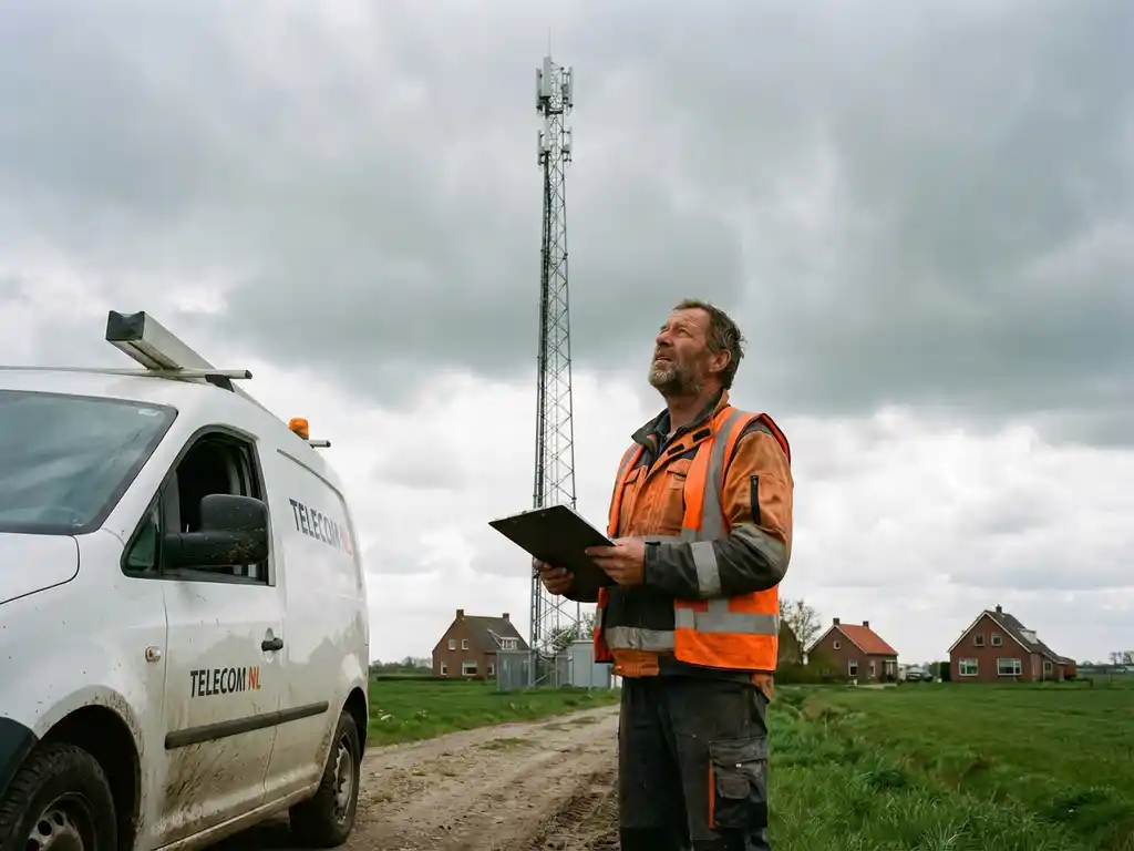 Nederlandse telecomtechnicus in oranje veiligheidsvest inspecteert mobiele zendmast in vlak polderlandschap met boerderijen