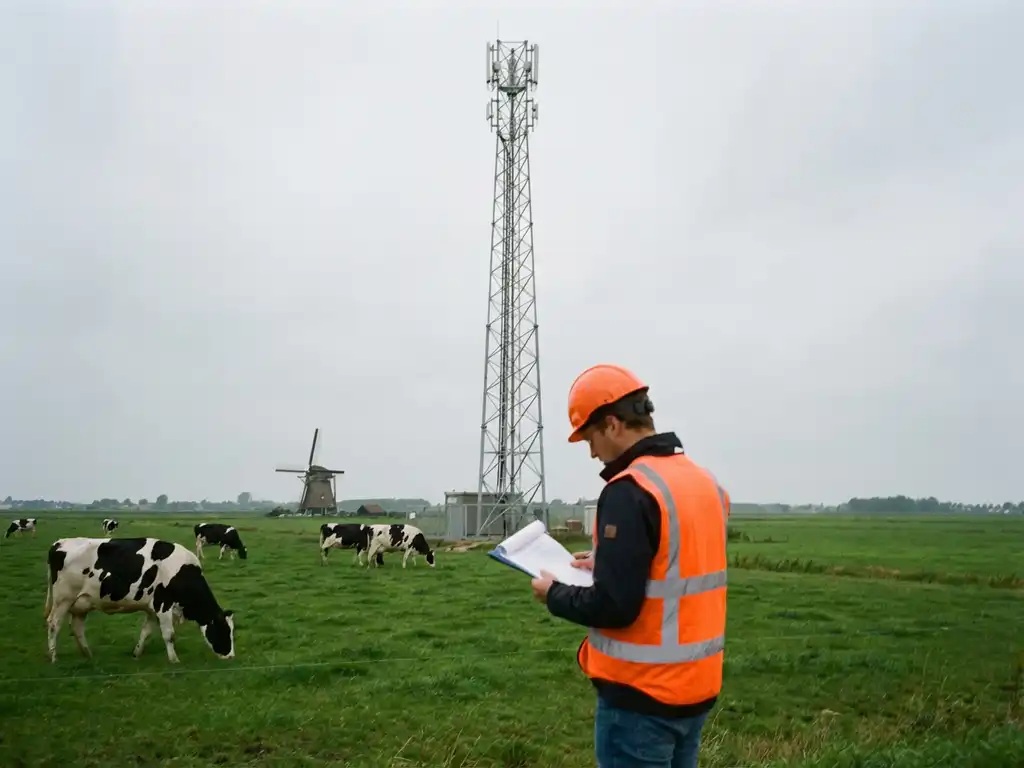 Telecommunicatie-ingenieur in veiligheidsvest controleert documenten bij zendmast in Nederlands polderlandschap met koeien