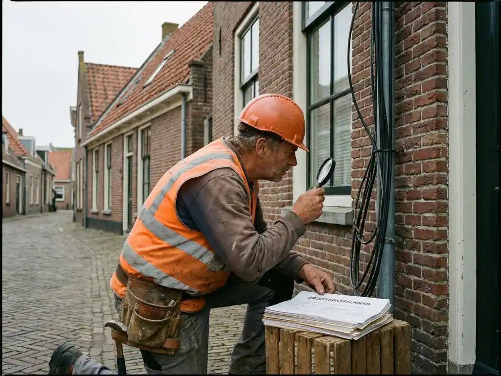 Bouwvakker in oranje veiligheidsvest inspecteert telecommunicatiekabels langs Nederlands bakstenen gebouw met rode dakpannen