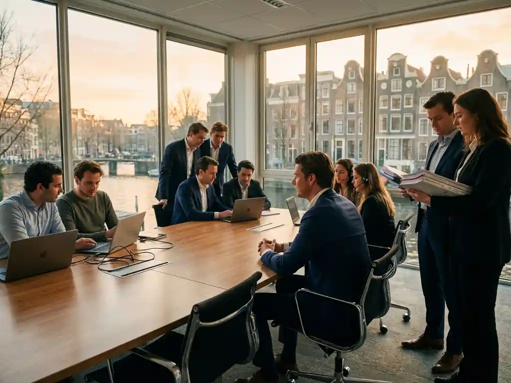 Nederlandse zakenman leidt vergadering met telecom stakeholders in modern Amsterdams kantoor met stadsgezicht