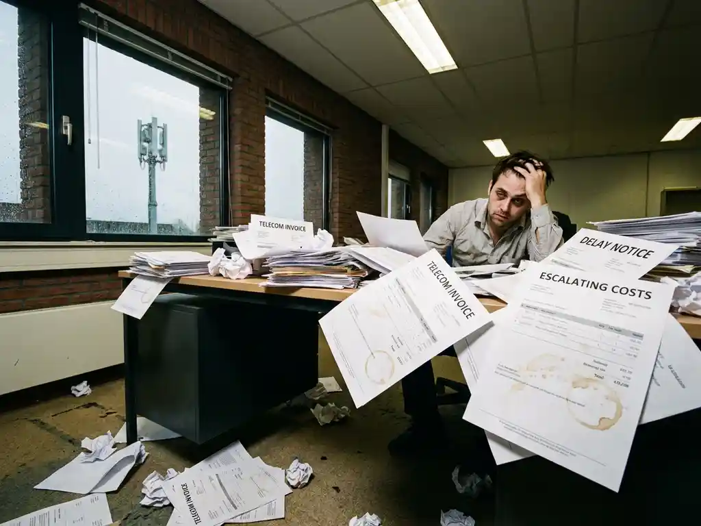 Gefrustreerde projectmanager aan rommelig bureau met telecom facturen, celltoren zichtbaar door raam van kantoorgebouw