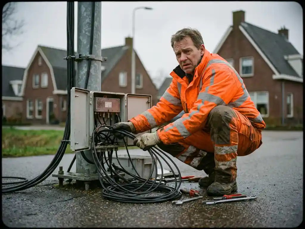 Telecommunicatie technicus in oranje veiligheidsjasje onderzoekt kabels bij zendmast, Nederlandse bakstenen gebouwen op achtergrond