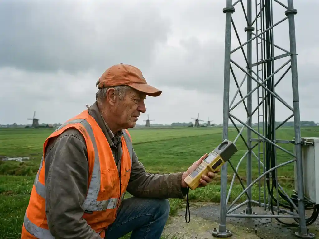 Telecommunicatietechnicus in oranje veiligheidsvest meet straling met EMF-detector bij zendmast in Nederlandse polder