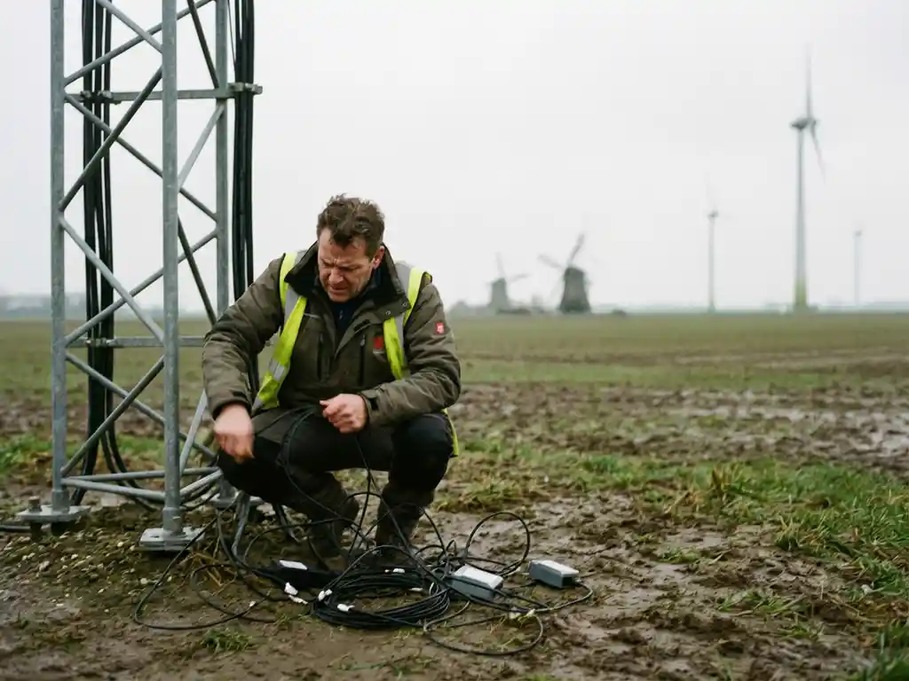 Gefrustreerde telecom monteur gehurkt bij zendmast met verwarde kabels, Nederlandse windmolens op achtergrond