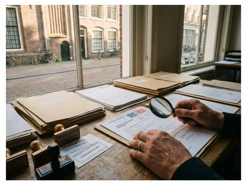 Handen van ambtenaar die telecom vergunningsaanvraag bekijkt op bureau met officiële Nederlandse overheid documenten