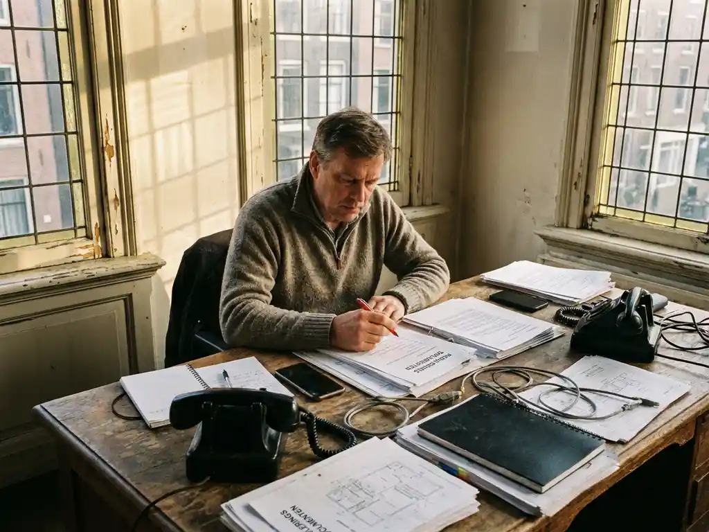 Nederlandse telecom-ingenieur beoordeelt regelgevingsdocumenten aan houten bureau in Amsterdams grachtenpand kantoor
