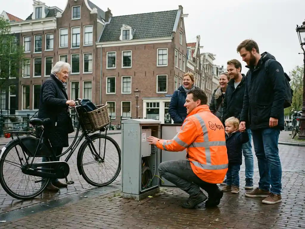 Telecommunicatie-ingenieur installeert glasvezel terwijl Amsterdamse bewoners toekijken op straat met traditionele huizen