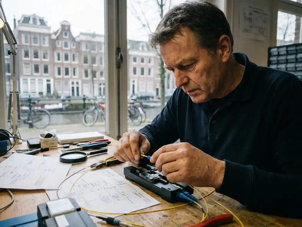 Nederlandse telecommunicatie-ingenieur onderzoekt glasvezelkabels op werkbank, Amsterdamse grachtenhuizen op achtergrond