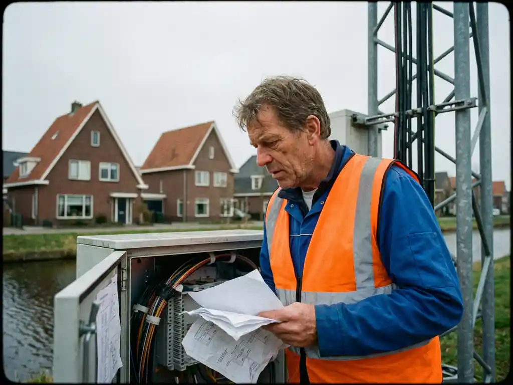 Telecommunicatie-ingenieur in oranje veiligheidsvest onderzoekt glasvezelkabels bij zendmast met Nederlandse huizen op achtergrond