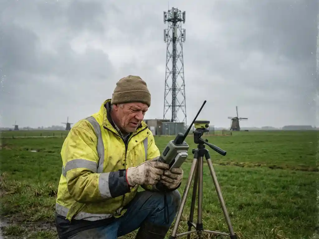 Telecommunicatie-ingenieur met GPS-apparaat bij landmeetapparatuur, mobiele zendmast en windmolens op achtergrond