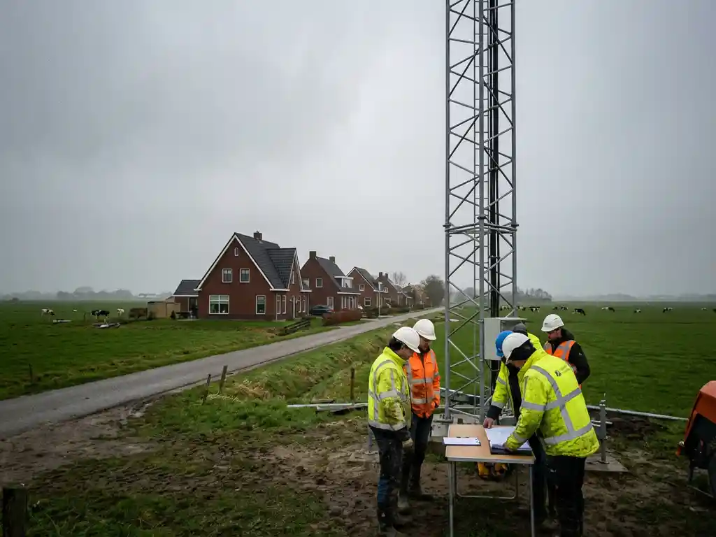 Telecommunicatietoren in aanbouw door werknemers in Nederlandse polder met traditionele bakstenen huizen op achtergrond