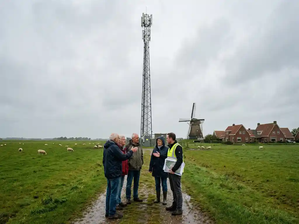 telecommunicatietoren in nederlands landschap met inwoners in gesprek met projectmanager, windmolen op achtergrond