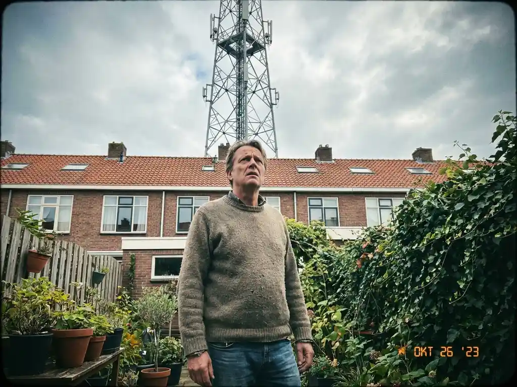 Bezorgde Nederlandse bewoner kijkt omhoog naar grote telecommunicatietoren achter typische rijtjeshuizen met rode daken
