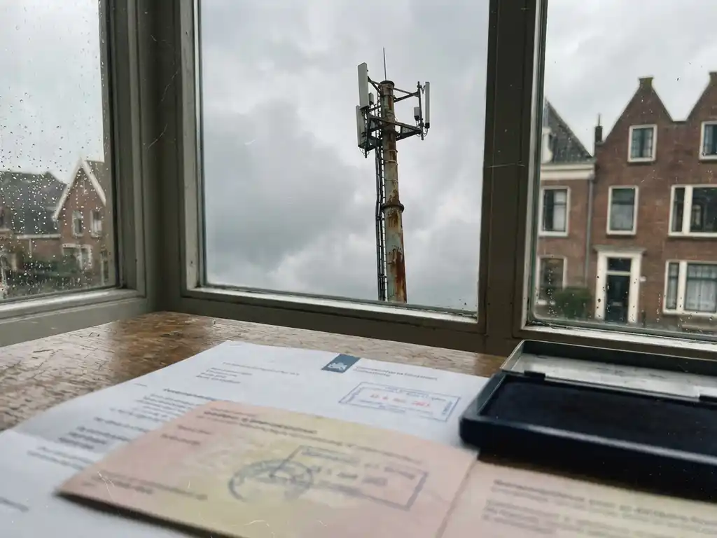 Telecommunicatietoren tegen bewolkte Nederlandse hemel met overheidsvergunningen op houten bureau op de voorgrond