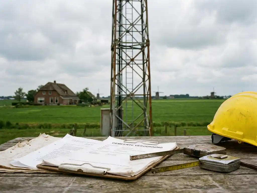 Telecommunicatietoren in Nederlands platteland met vergunningsdocumenten op tafel, helm en meetgereedschap op voorgrond