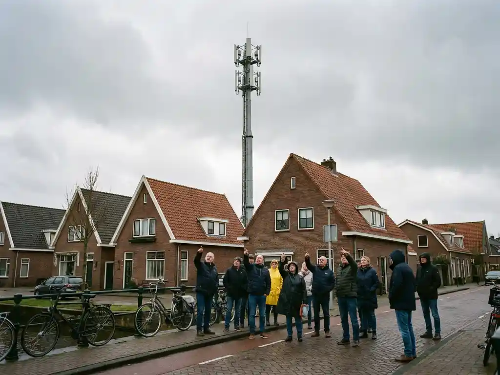 Telecommunicatietoren in Nederlandse woonwijk met bezorgde bewoners die omhoogkijken naar de antennestructuur