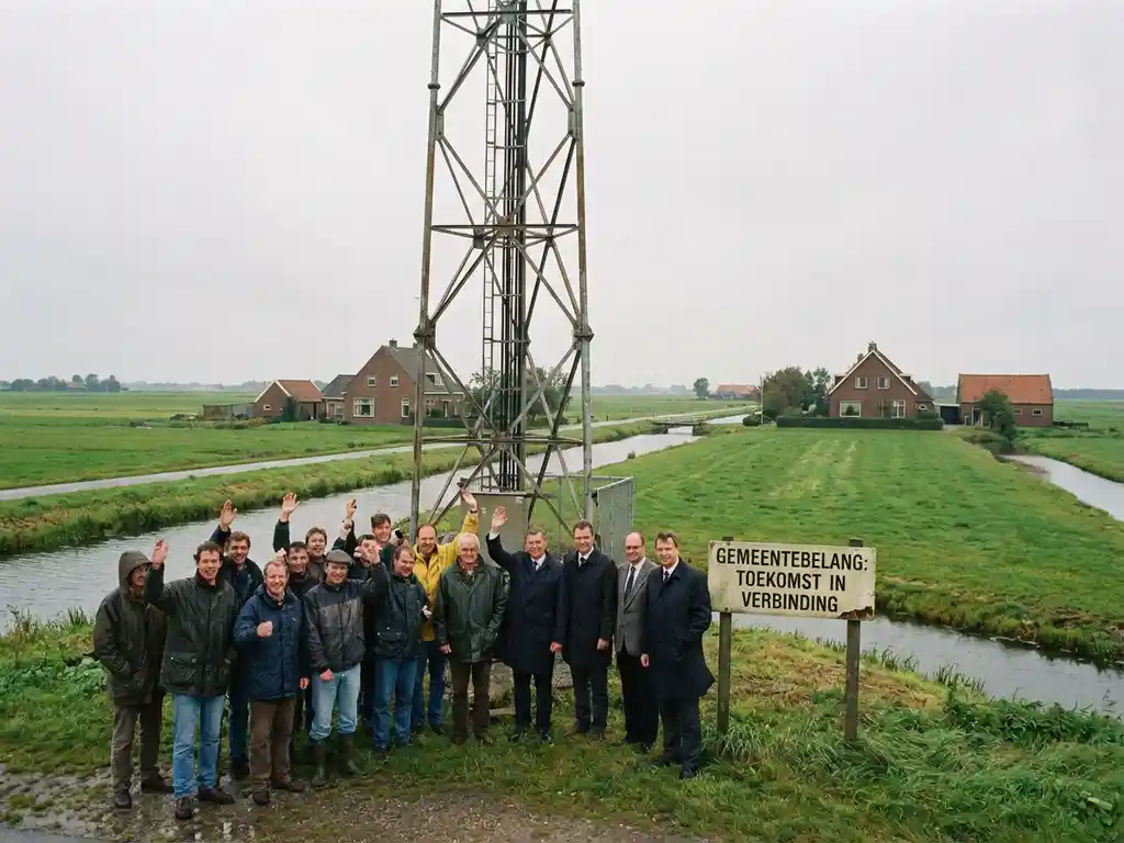 Telecommunicatietoren in Nederlands polders met lokale bewoners en ambtenaren in gesprek, boerderijen op achtergrond