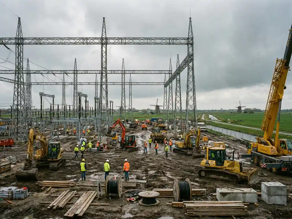 Transformatorstation in aanbouw met bouwvakkers, kraan en staalconstructie in Nederlands platteland met windmolens op achtergrond