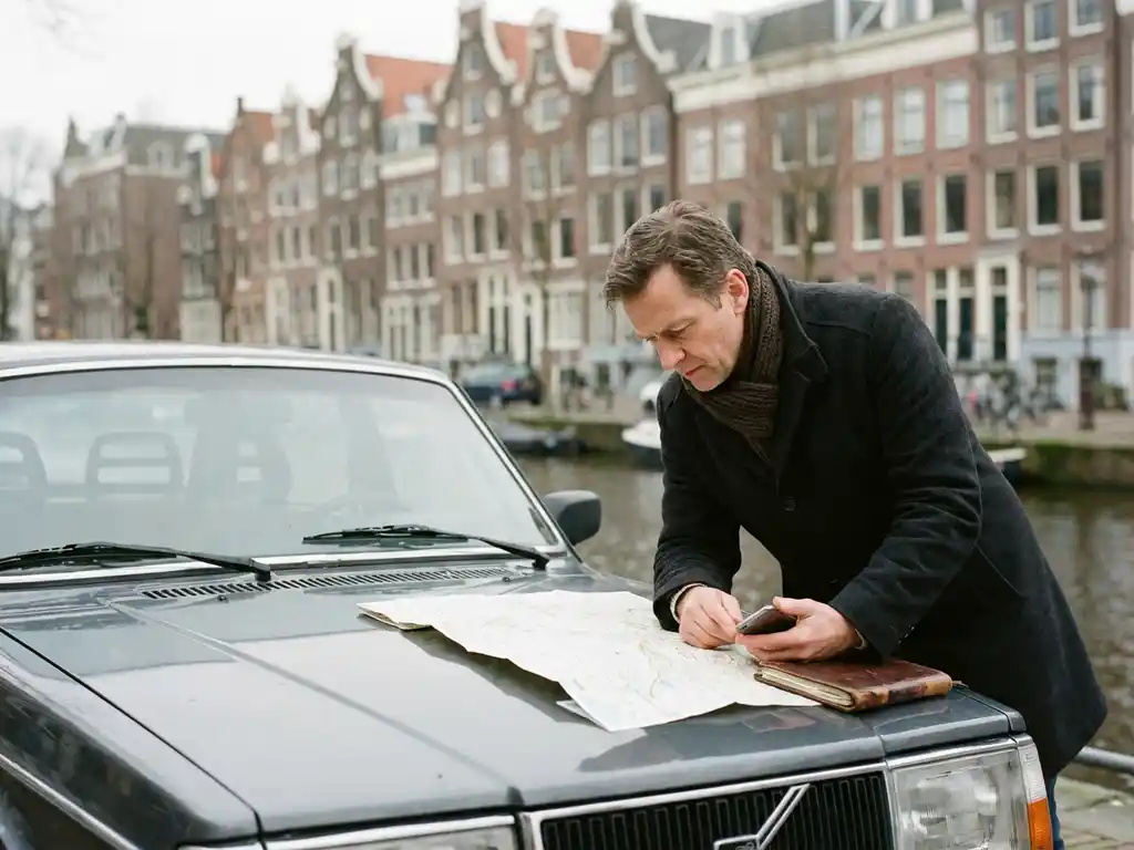 Nederlandse makelaar bekijkt stadsplattegrond op auto met Amsterdamse grachtenpanden op achtergrond