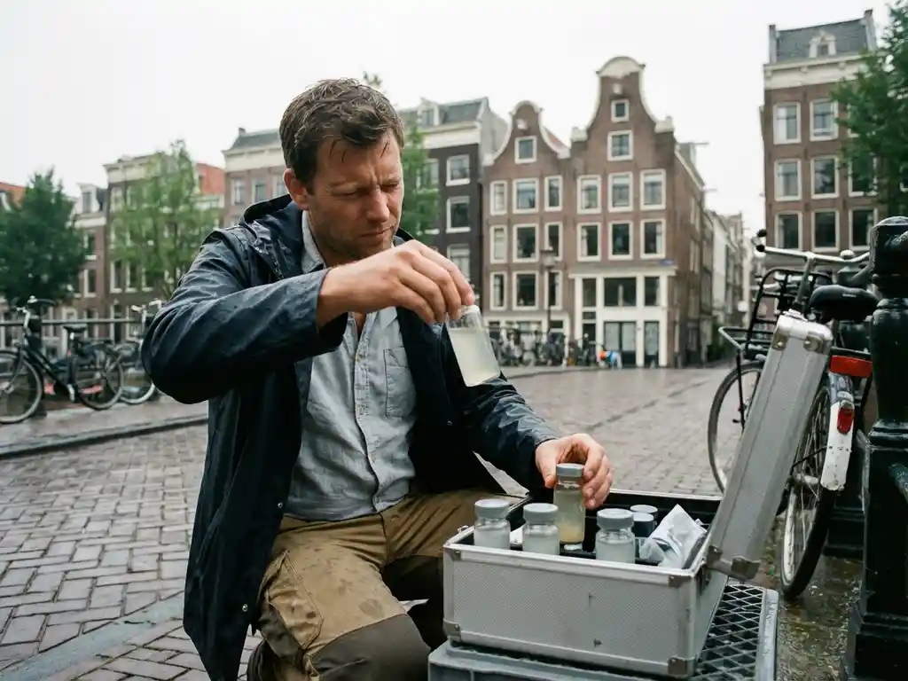 Milieuadviseur onderzoekt waterkwaliteitsmonsters in glazen flesjes naast Nederlandse gracht met traditionele bakstenen gebouwen