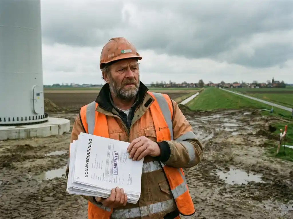Nederlandse bouwvakker in oranje hesje houdt vergunningen vast bij windmolen fundatie in polderlandschap
