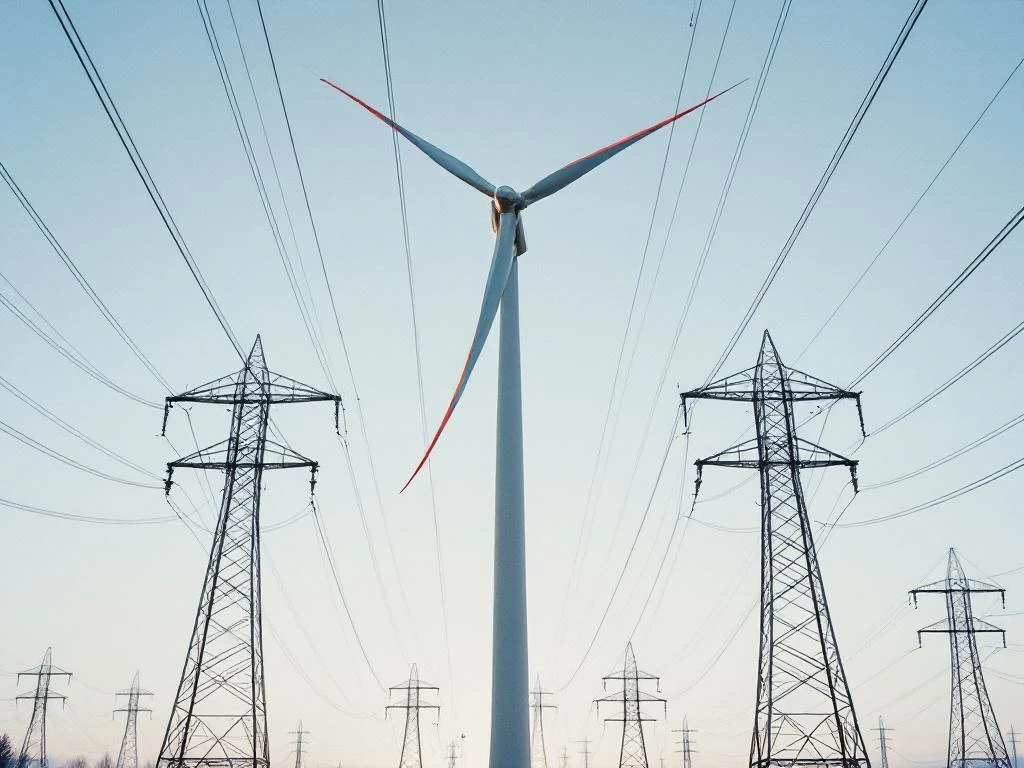 Witte windturbine met draaiende bladen omringd door elektrische transmissiemasten tegen heldere hemel