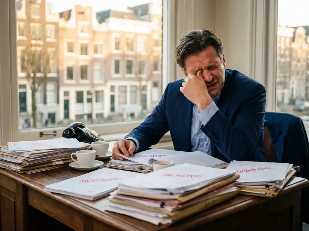 Gefrustreerde zakenman in pak aan bureau met afgewezen vergunningsaanvragen, Amsterdam kantoor op achtergrond