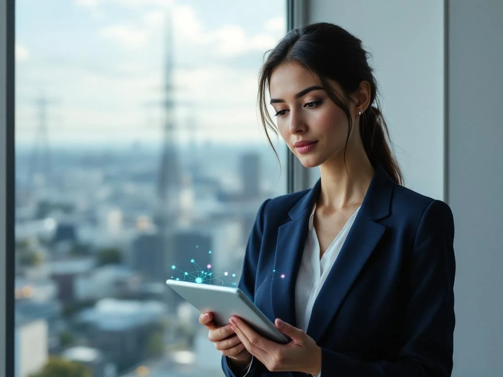 Zakenvrouw in marineblauw pak houdt tablet met netwerkdiagrammen vast voor raam met stadsuitzicht
