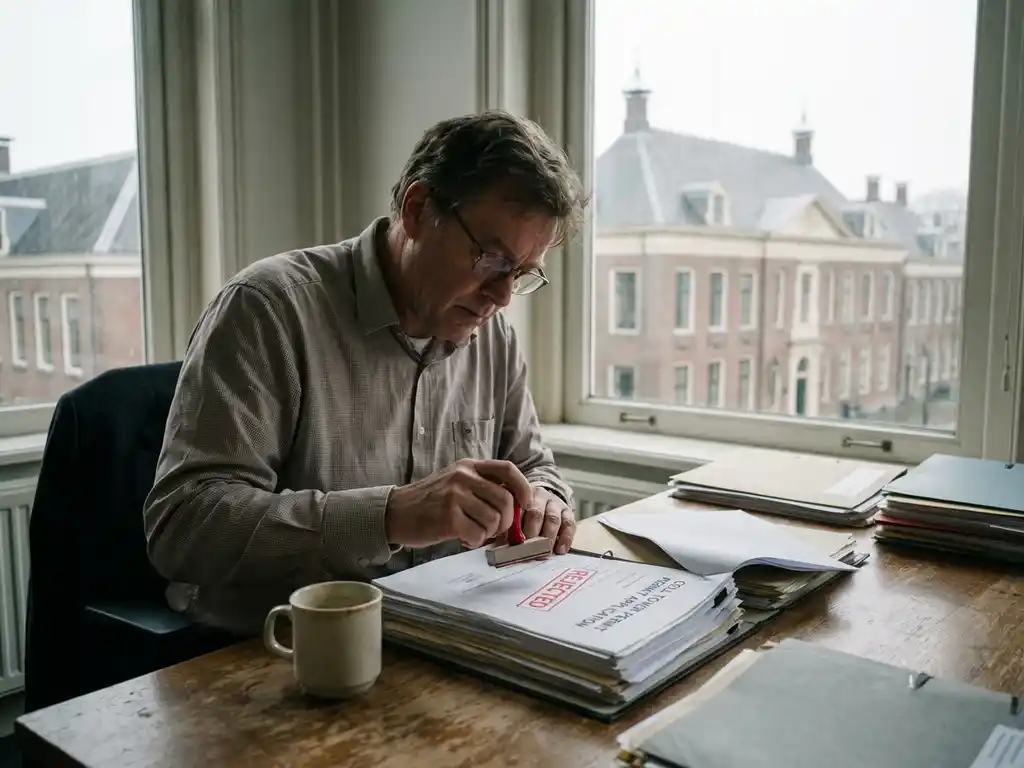 Gemeenteambtenaar stempelt zendmastvergunning af met rode afwijzingsstempel op houten bureau in Nederlands overheidsgebouw