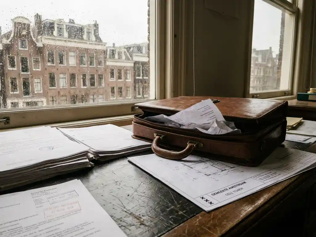 Gemeentelijk bureau met vergunningsdocumenten en bouwtekeningen van zendmast, aktentas en Nederlandse bakstenen gebouwen op achtergrond