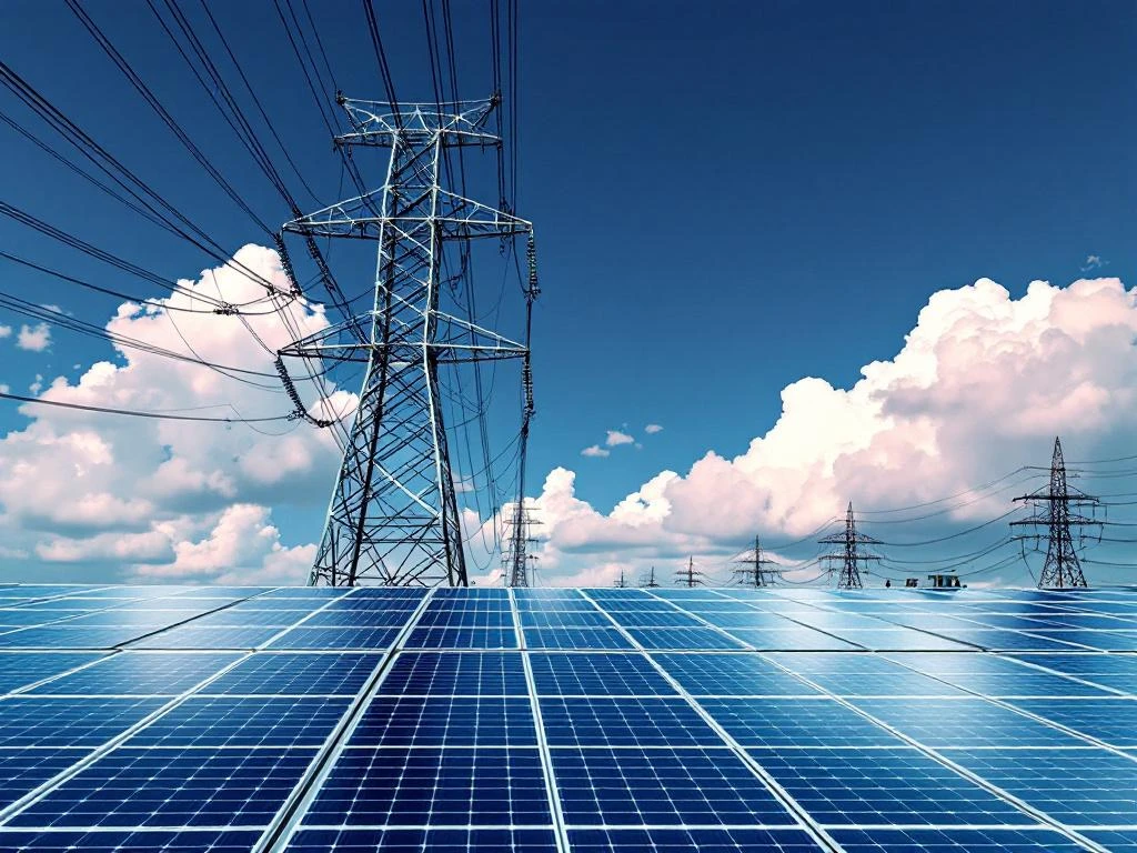 Elektriciteitsmast werpt schaduwen over zonnepanelen op dak, overbelaste kabels contrast met schone energie-infrastructuur